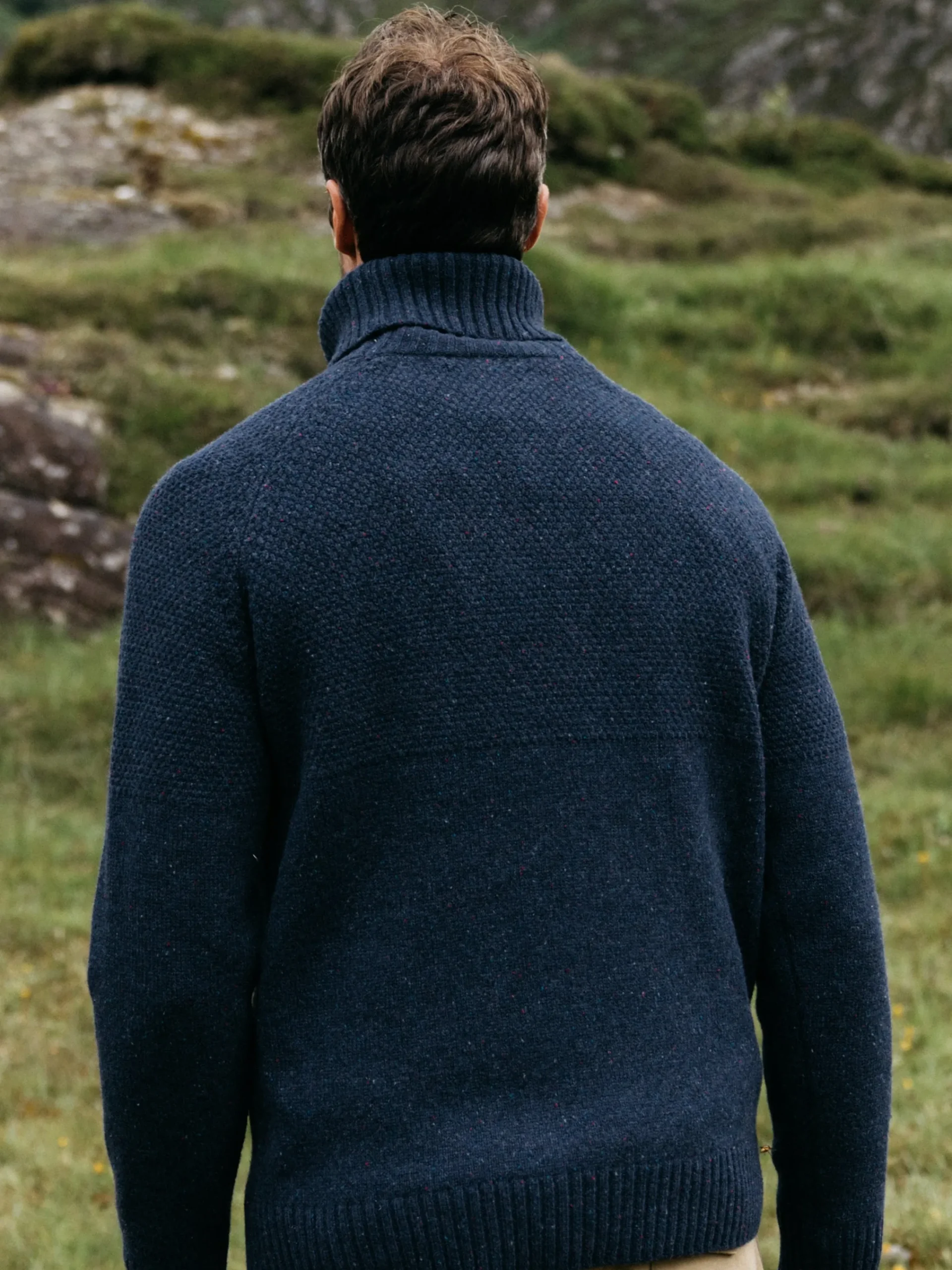 Hot Finisterre Men's Fishermans Roll Neck Knit Sweater Navy