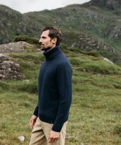 Hot Finisterre Men's Fishermans Roll Neck Knit Sweater Navy