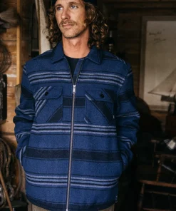 Shop Finisterre Men's Garrick Zip Overshirt NavyStripe
