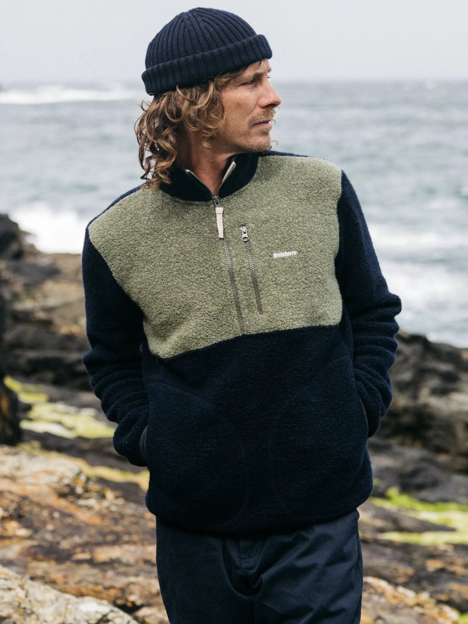 Shop Finisterre Men's Hegen 1/4 Zip Wool Fleece WillowGreen/Navy