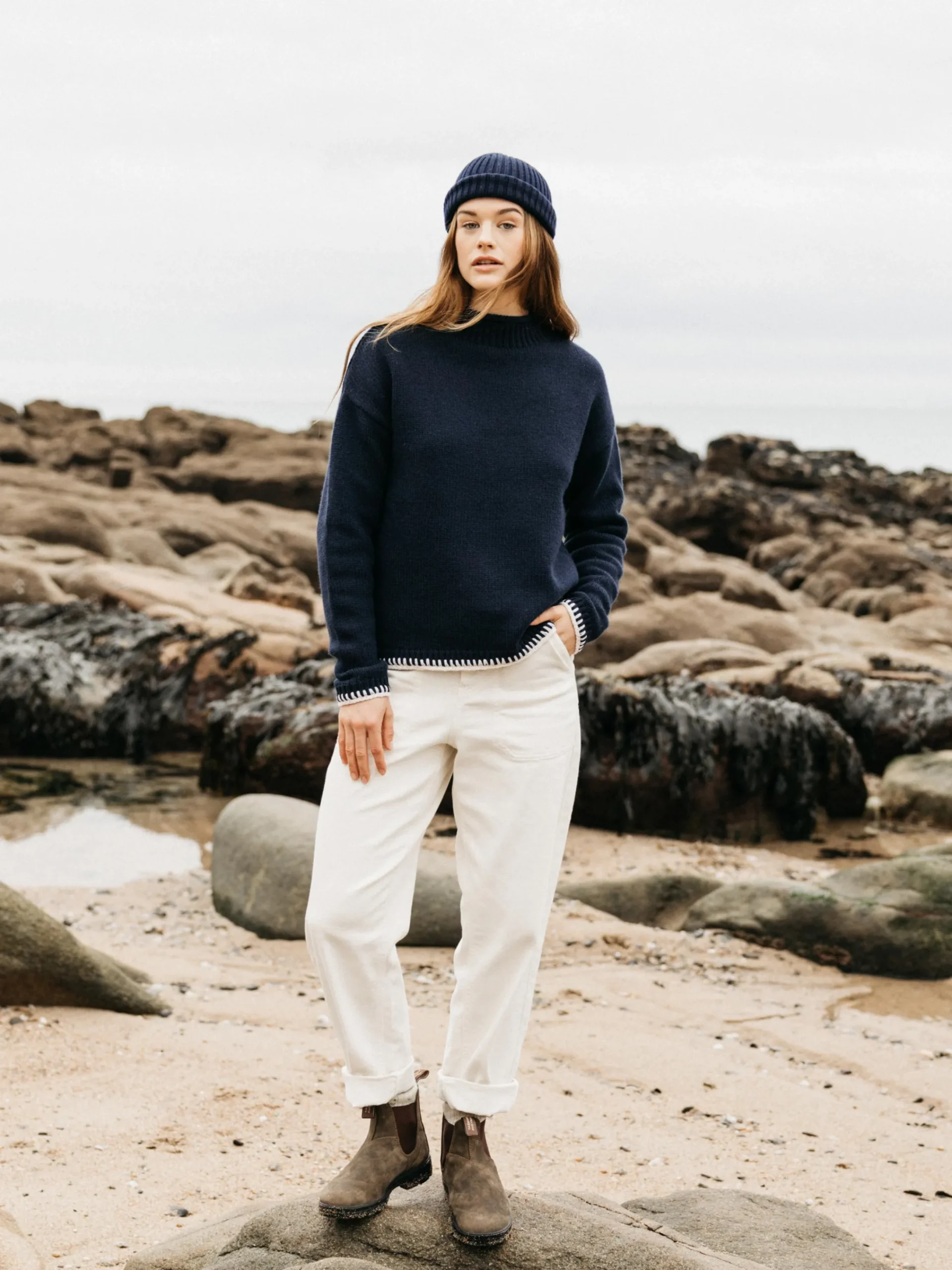 Clearance Finisterre Women's Blanket Stitch Taran Sweater Navy