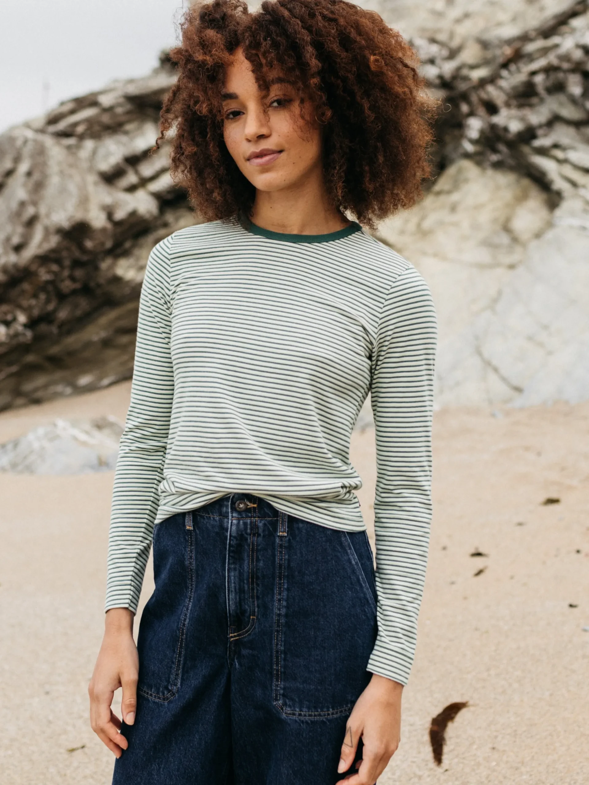 Shop Finisterre Women's Eldon Long Sleeve T-Shirt PineShadow/Ecru/TeaGreen