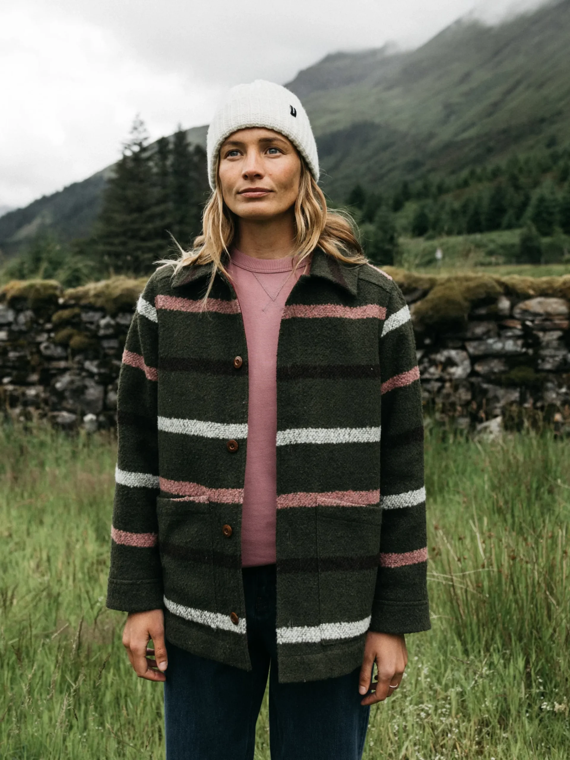 Outlet Finisterre Women's Stowe Blanket Jacket OliveStripeMulti